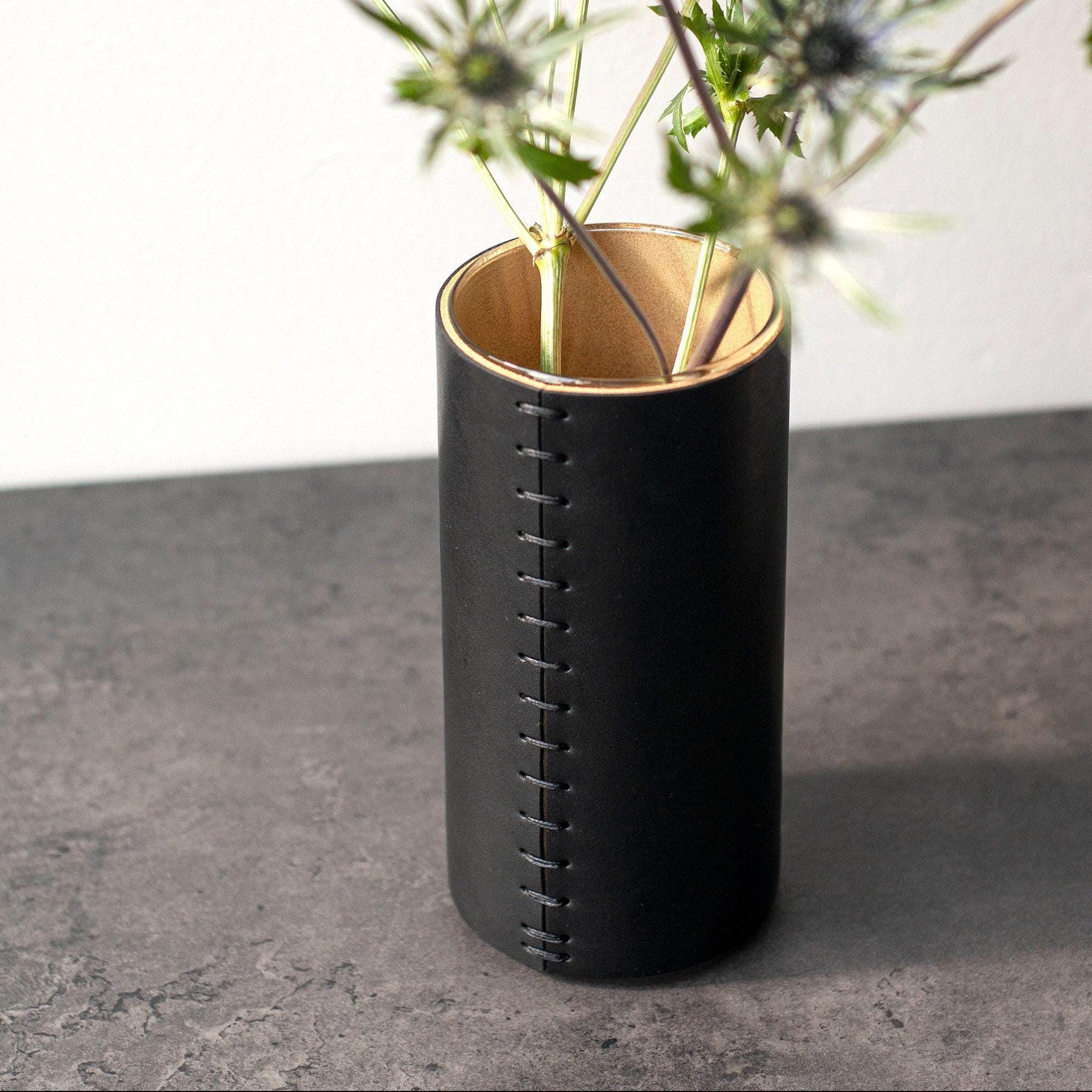 Leather Wrapped Vase, Black Italian Cowhide | Small, Medium, Tall