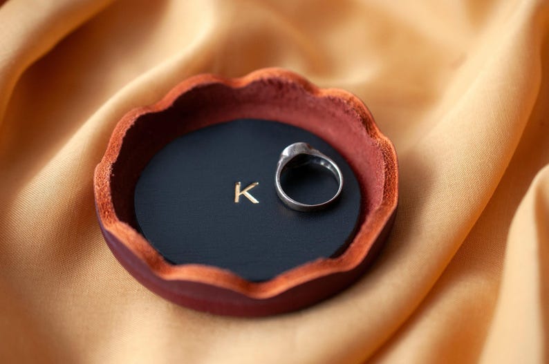 Personalized Leather Ring Dish, Handmade Jewelry Tray, Burgundy Catchall , Wedding Engagement Anniversary Gift image 7