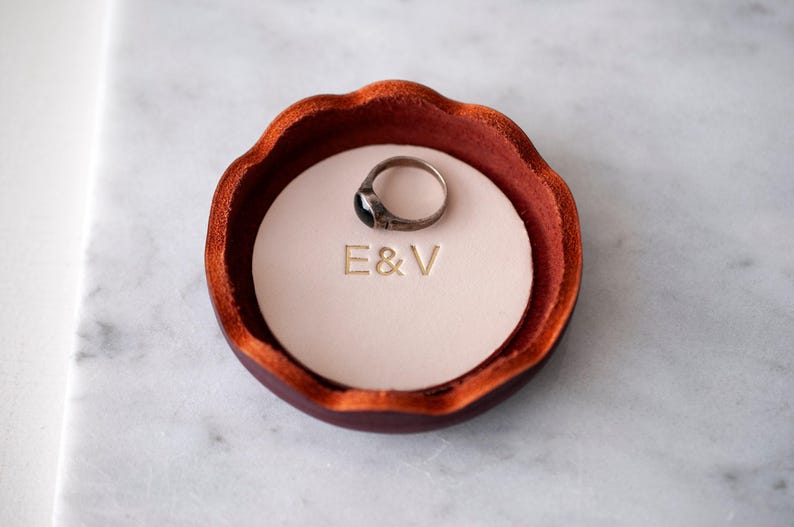 Personalized Leather Ring Dish, Handmade Jewelry Tray, Burgundy Catchall , Wedding Engagement Anniversary Gift Natural/Beige