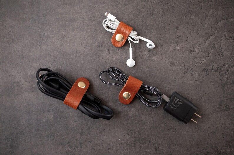 Leather Cord Organizer Set, Handmade Cable Keepers TAN