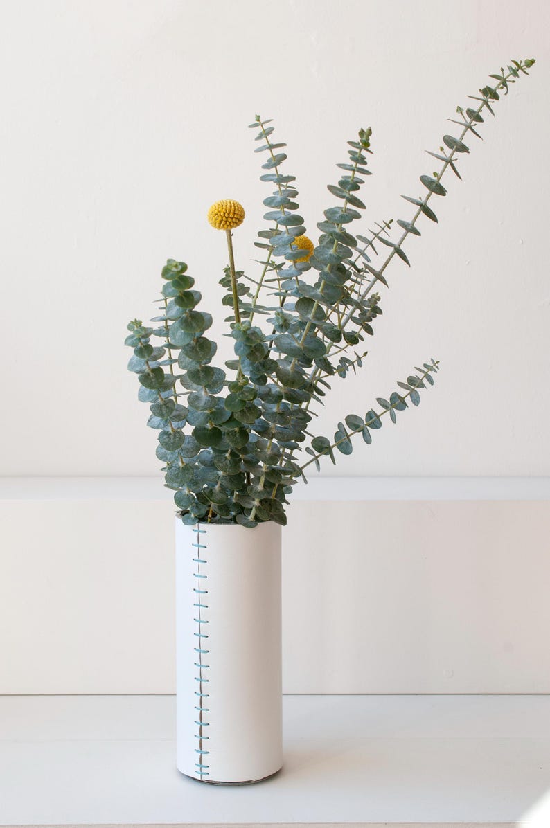 Leather Wrapped Vase: White with colored Handstitched Cover - Fresh or Dried Flowers image 5