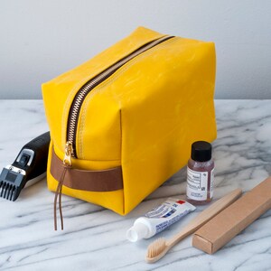Personalized Dopp Kit ,Waxed Canvas, Large Makeup Bag , Travel Toiletry , Unique Gift For Groomsmen Him Her Mother's Day yellow