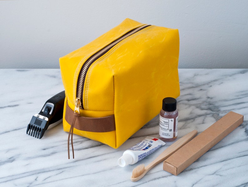 Personalized Dopp Kit ,Waxed Canvas, Large Makeup Bag , Travel Toiletry , Unique Gift For Groomsmen Him Her Mother's Day yellow