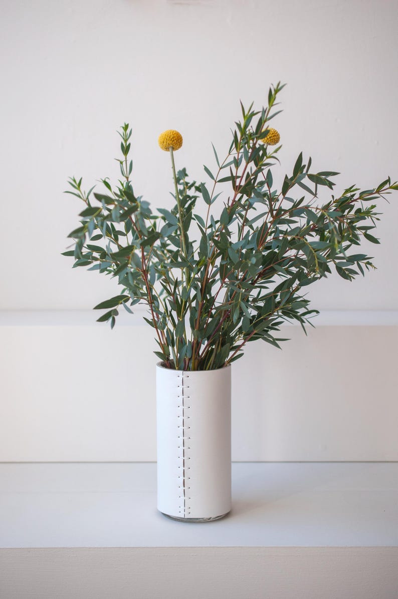 Leather Wrapped Vase: White with colored Handstitched Cover - Fresh or Dried Flowers image 2