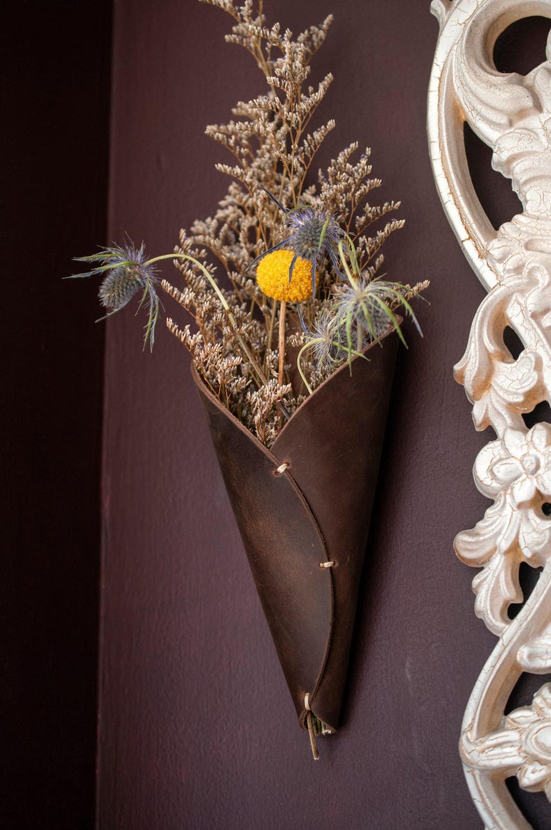 Leather Air Plant Holder, Wall Hanging Cone (Modern Rustic Style) image 3