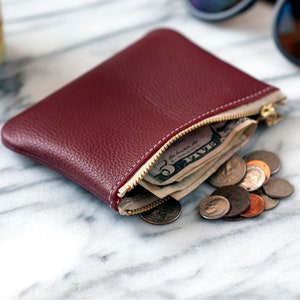 Leather Pouch , Small Zipper Coin Purse , Colored Small Leather Card Wallet , Minimalist Mother's Day Gift For Him , Her Burgundy