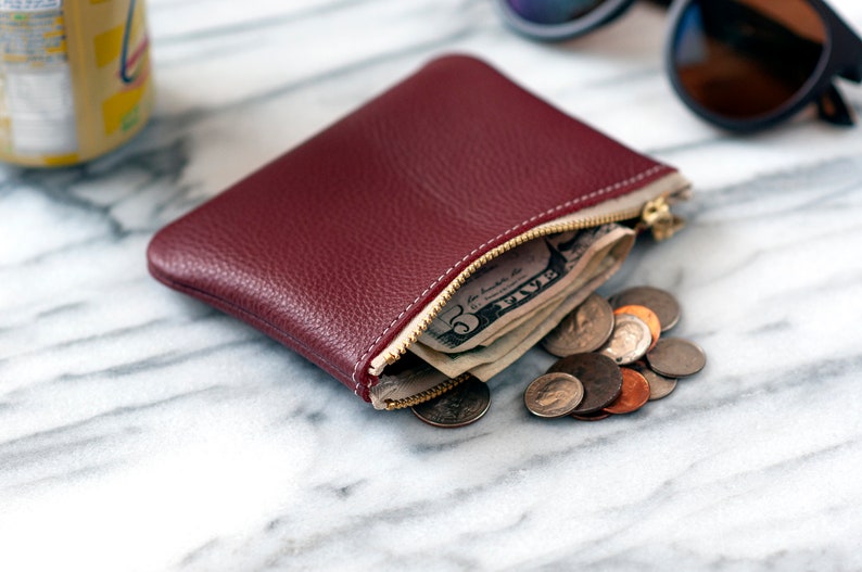 Leather Pouch , Small Zipper Coin Purse , Colored Small Leather Card Wallet , Minimalist Mother's Day Gift For Him , Her Burgundy