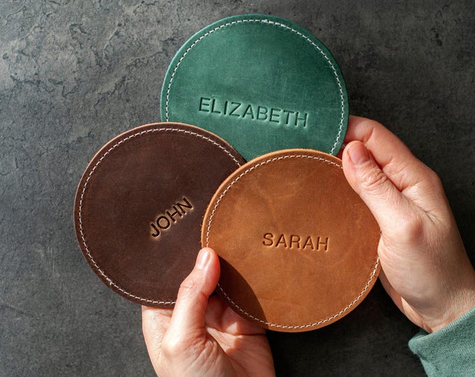 Personalized Leather Coaster Set, Handmade Round Whiskey Coasters, Anniversary Gift