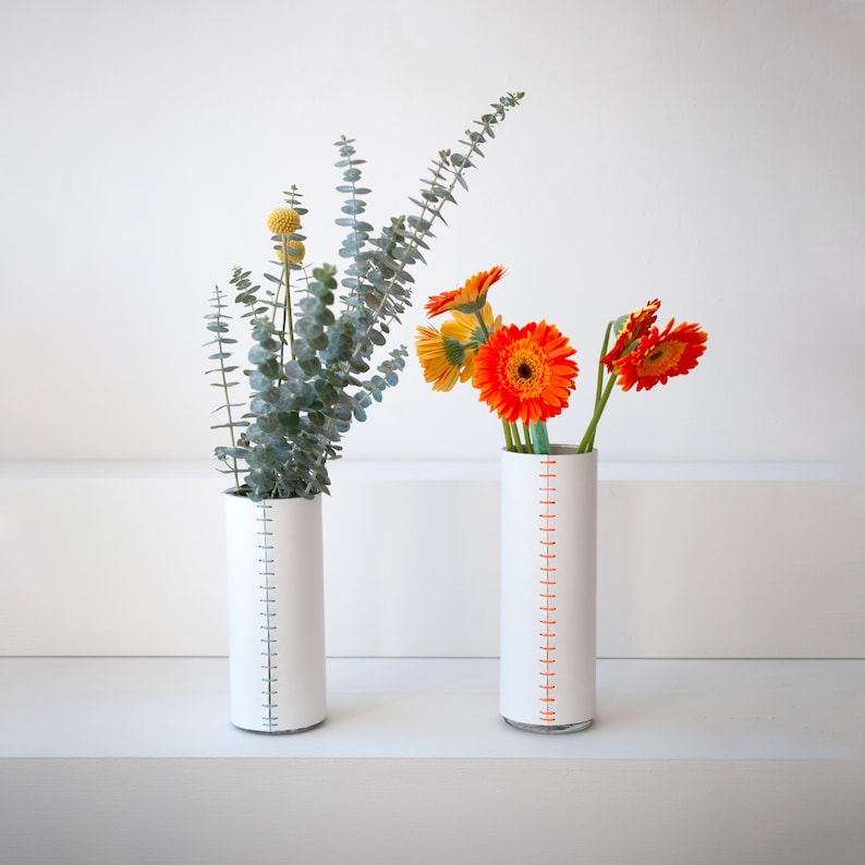 Leather Wrapped Vase: White with colored Handstitched Cover - Fresh or Dried Flowers image 1