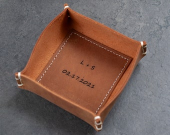 Leather Jewelry Dish Laser Engraved, Small Catchall Hand Stitched Ring Tray, 3rd anniversary Wedding Gift,  For Him Her Father's Day