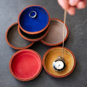 Small Burgundy Leather Ring Dish, Suede Lined Jewelry Tray, Handmade Catchall