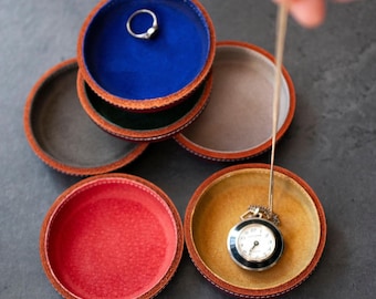 Small Burgundy Leather Ring Dish, Suede Lined Jewelry Tray, Handmade Catchall