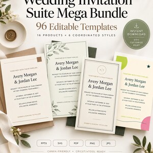 May include: A wedding invitation suite mega bundle featuring 96 editable templates with 16 products and 6 coordinated styles. The text includes Core Forge, Wedding Invitation Suite Mega Bundle, 96 Editable Templates, and Instant Download.