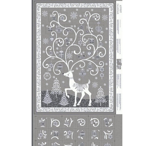 Fabric Advent calendar panel. Make / sew your own Christmas countdown calendar. Grey deer design by Makower 100% cotton. DIY Xmas decoration