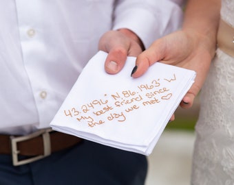 Your handwriting on a wedding handkerchief. Personalized groom gift from bride. Custom made handwritten fiance or husband coordinates gift.