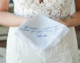 Something blue for bride gift in loving memory of loved ones. Actual handwriting custom lace handkerchief. Personalised handwriting hankie