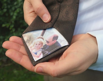 Custom photo father of the bride tie patch. Personalised father of the bride gift from bride. Unique sew on patch for wedding day necktie