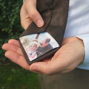 May include: A brown patterned tie with a small photo of a young girl and an adult male tucked into the fold.