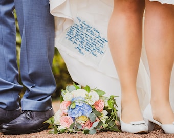 Unique wedding dress label embroidered with your handwritten note to remember loved ones. Custom handwriting something blue for bride gift