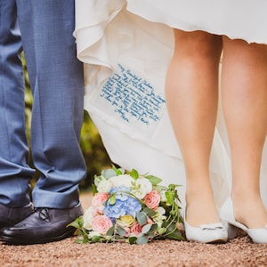 Unique wedding dress label embroidered with your handwritten note to remember loved ones. Custom handwriting something blue for bride gift