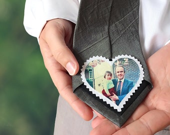 Custom father of the bride tie patch with family photo. Unique wedding favor necktie keepsake. Personalized gift for dad on wedding day.