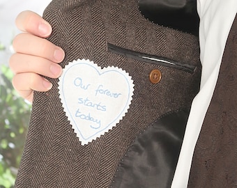 Patch bordado personalizado com seu bilhete manuscrito. Presente personalizado da noiva para o noivo no dia do casamento. Presentes românticos para ele.