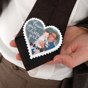 Custom photo tie patch with your own actual handwriting. Unique wedding favour father of the bride gift. Wedding day dad gift from daughter