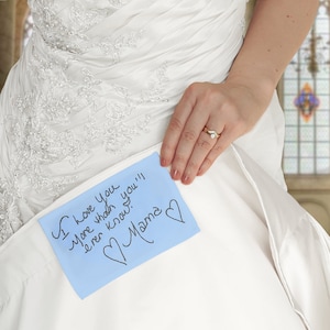 Your handwriting embroidered on a wedding dress label. Personalized something blue for bride. Wedding memorial gift for bride from mother