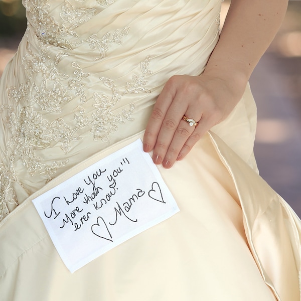 Custom wedding dress label embroidered with your handwriting. Personalized wedding memorial gift for bride from mother. Unique sew in patch