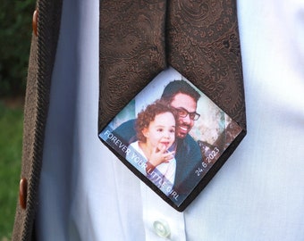 Father of the bride tie patch with stick on backing. Custom made photo label with writing. Personalised diamond shape tie label keepsake