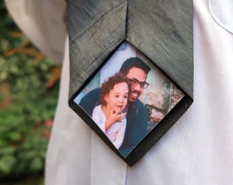 Father of the bride tie patch with stick on backing. Custom made photo label. Personalised diamond shape tie label wedding favour keepsake