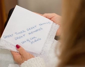 Ladies lace handkerchief personalised with your handwritten message. Bereavement gifts for mum from daughter to remember lost loved ones.