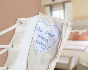 Custom handwriting embroidered on a wedding dress label. Personalised something blue for bride. Wedding memorial gift for bride from mother