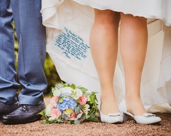 Unique wedding dress label embroidered with your handwritten note to remember loved ones. Custom handwriting something blue for bride gift