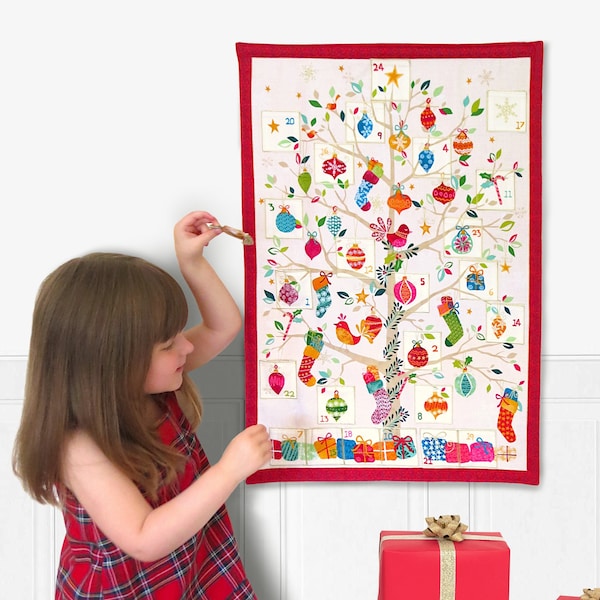 Modern Christmas fabric advent calendar with pockets. Reusable advent calander for kids or adults. Large hanging diy quilted advent calender