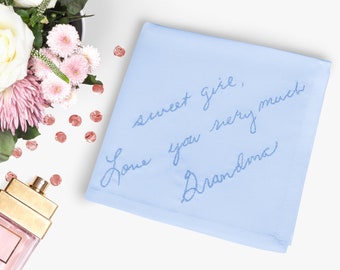 Your handwriting wedding handkerchiefs. Custom something blue for bride hankies. Personalized wedding memorial gift for bride from mother