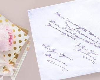 Custom handkerchief bride gift from groom. Actual handwriting gift in loving memory of lost loved ones. Personalised handwriting hankie