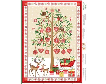 Fabric Advent calendar panel. Make / sew your own Christmas countdown calendar. Christmas tree & deer DIY decoration by Makower 100% cotton.