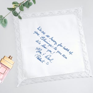 Custom lace handkerchief. Actual handwriting gift in loving memory of loved ones. Something blue for bride. Personalised handwriting hankie image 1