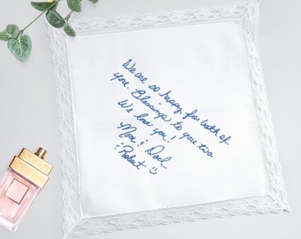 Custom lace handkerchief. Actual handwriting gift in loving memory of loved ones. Something blue for bride. Personalised handwriting hankie