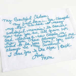 Unique wedding dress label embroidered with your handwritten note to remember loved ones. Custom handwriting something blue for bride gift image 7