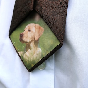 Puede incluir: Una corbata de patrón marrón con una imagen cuadrada de un perro golden retriever sobre un fondo verde.