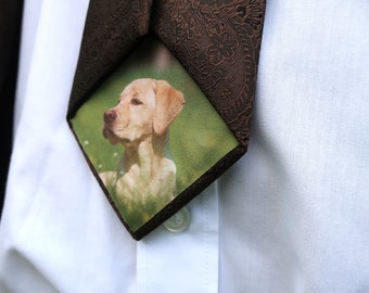 Custom photo tie patch with stick on backing. Personalised diamond shaped tie label pet memorial for men on wedding day. Gift for groom idea