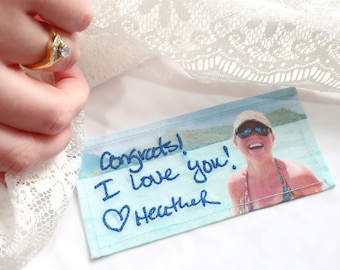 Etiqueta personalizada para vestido de noiva com foto e escrita à mão bordada. Presente da irmã para a noiva. Memorial de casamento personalizado para lembrar alguém querido.