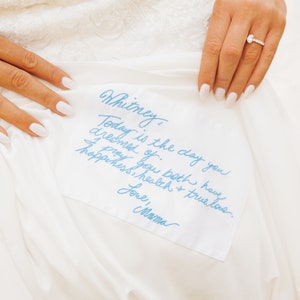 Personalized wedding dress label embroidered with your handwritten note to remember loved ones. Custom handwriting something blue for bride image 1