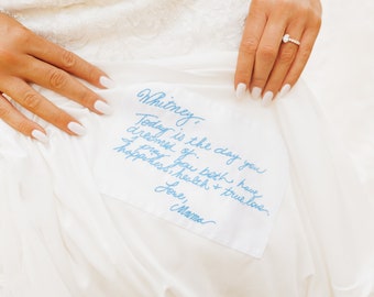 Personalized wedding dress label embroidered with your handwritten note to remember loved ones. Custom handwriting something blue for bride