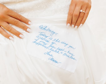 Personalized wedding dress label embroidered with your handwritten note to remember loved ones. Custom handwriting something blue for bride