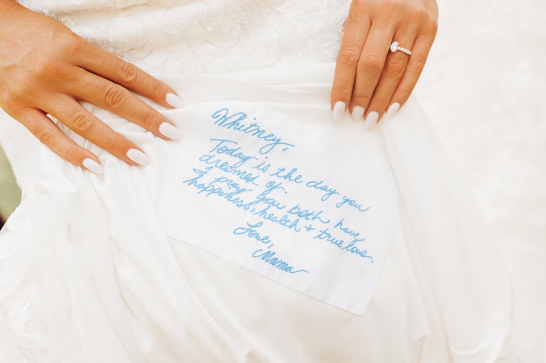 Personalized wedding dress label embroidered with your handwritten note to remember loved ones. Custom handwriting something blue for bride image 1