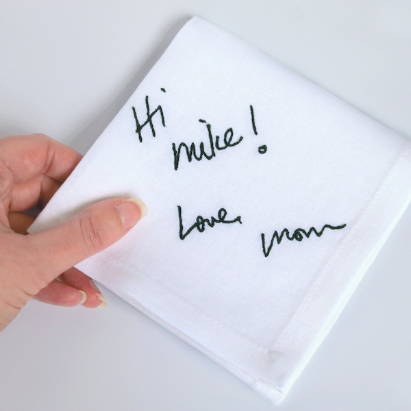 Custom handwriting handkerchief embroidered with your loved ones handwritten message. Sympathy gift loss of mother. Men's handwriting hankie