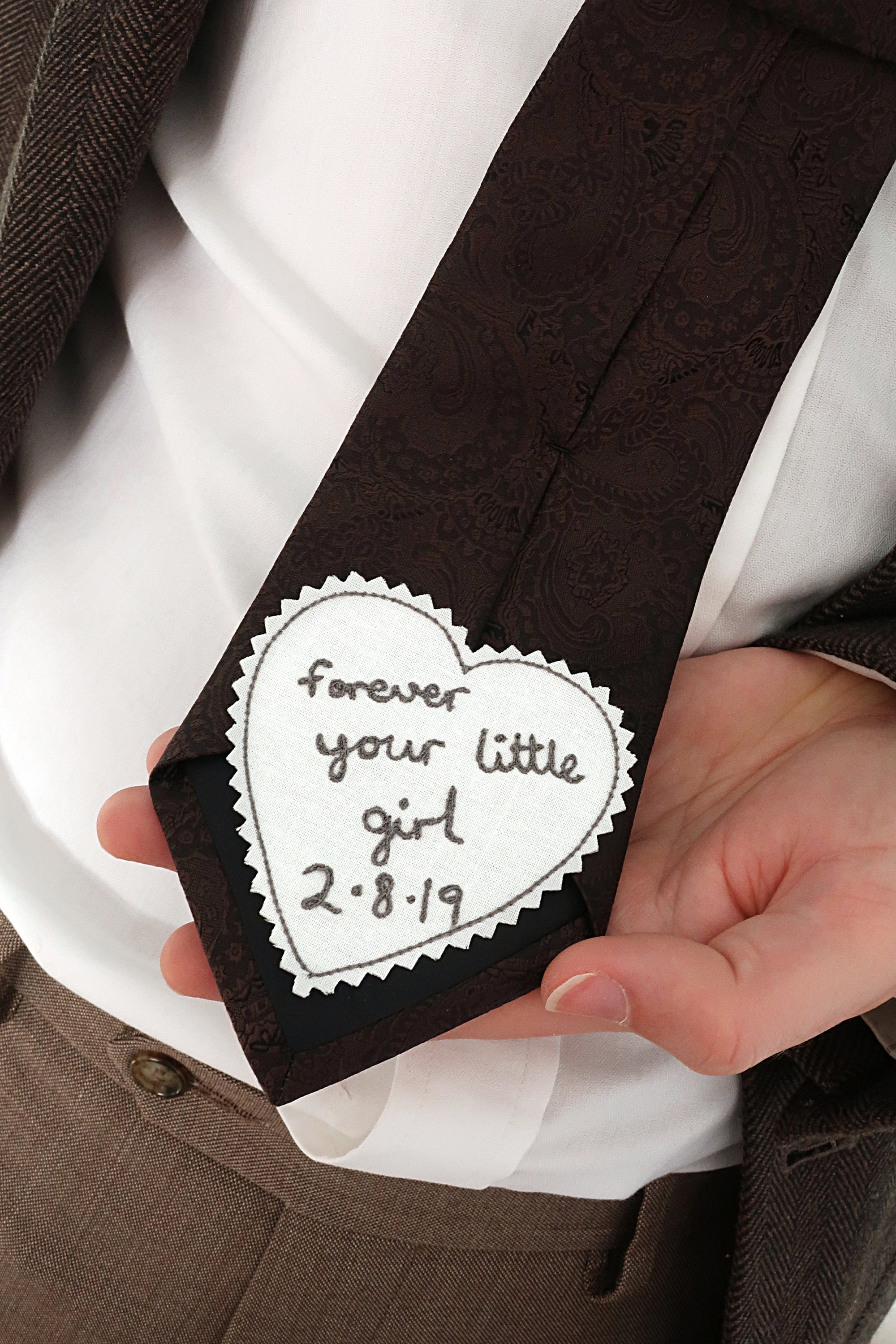 Actual handwriting father of the bride tie patch. Custom embroidered sew on patch for necktie. Personalized wedding gifts for parents or dad